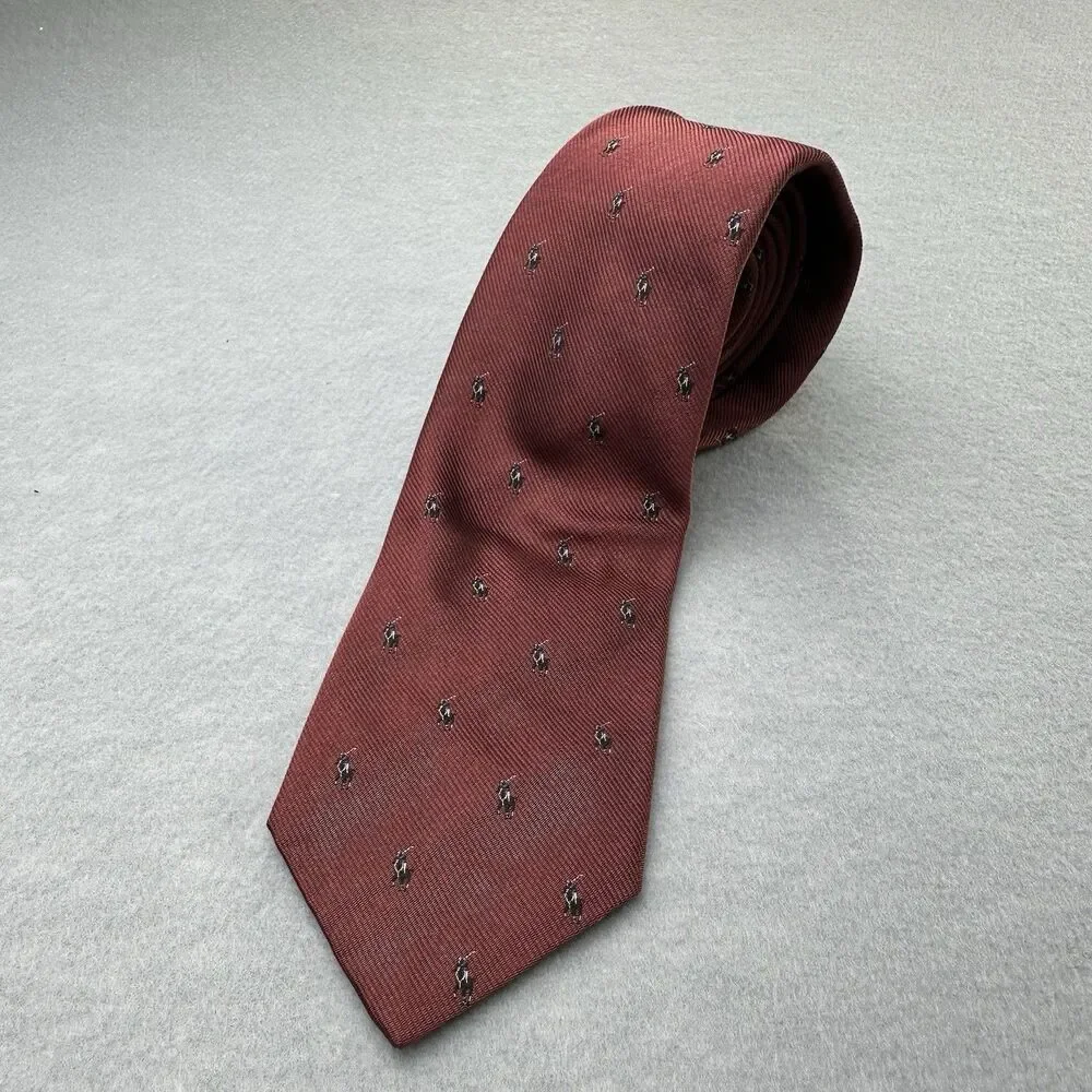 Polo Ralph Lauren Tie 100% Silk Made By Hand In USA Crimson‎ Pony All Over VTG